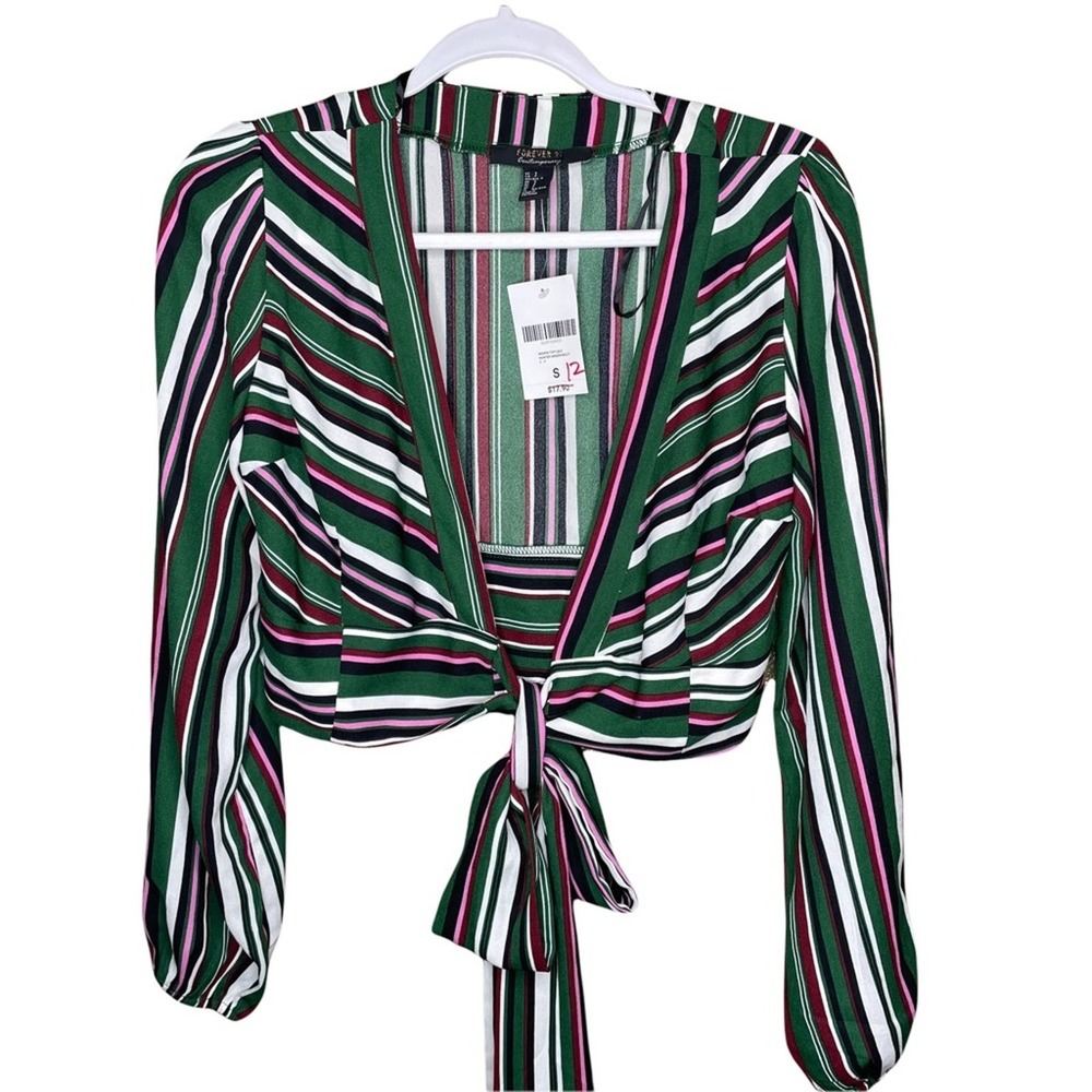 Forever 21 Contemporary Striped Tie Front Crop Top Hunter Green Multi Small NWT